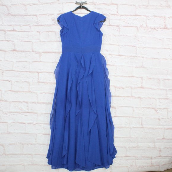 Lace & Mesh Blue Polyester Lined V-Neck Cap Sleeve Ruffled Long Dress Size M - Picture 6 of 10